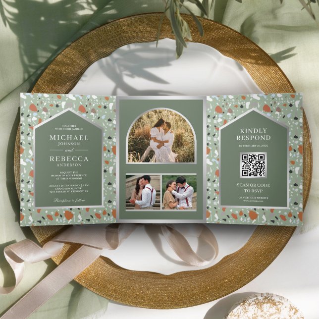 Earthy Sage Green Terrazzo Tile QR Code Wedding Dreifach Gefaltete Einladung (Von Creator hochgeladen)