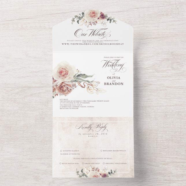 Earthy Shade Blume Elegant Boho Wedding All In One Einladung (Innen Boden)
