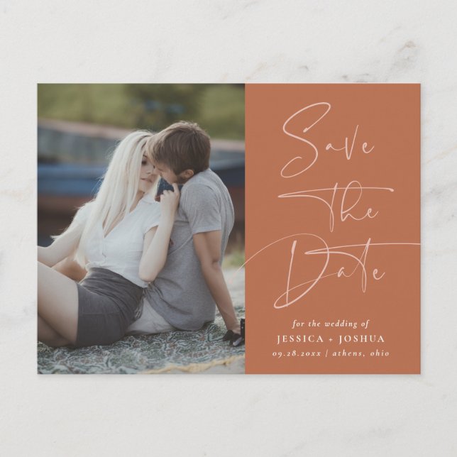 Earthy Terracotta Calligraphy Foto Save the Date Postkarte (Vorderseite)