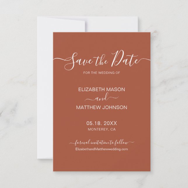 Earthy Terracotta Rust Minimalistische Script Wedd Save The Date (Vorderseite)