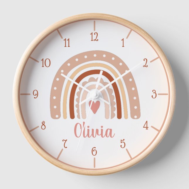 Earthy Tone Boho Rainbow Girl Name Wall Clock Uhr (Vorderseite)