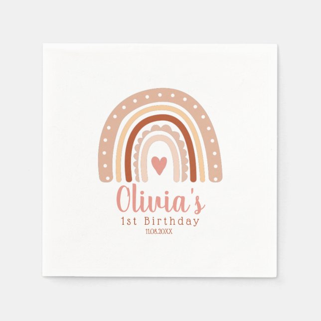 Earthy Tone Boho Rainbow Girls erster Geburtstag Serviette (Vorderseite)