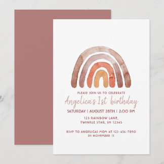 Earthy Tone Watercolor Rainbow 1st Birthday Girl   Einladung