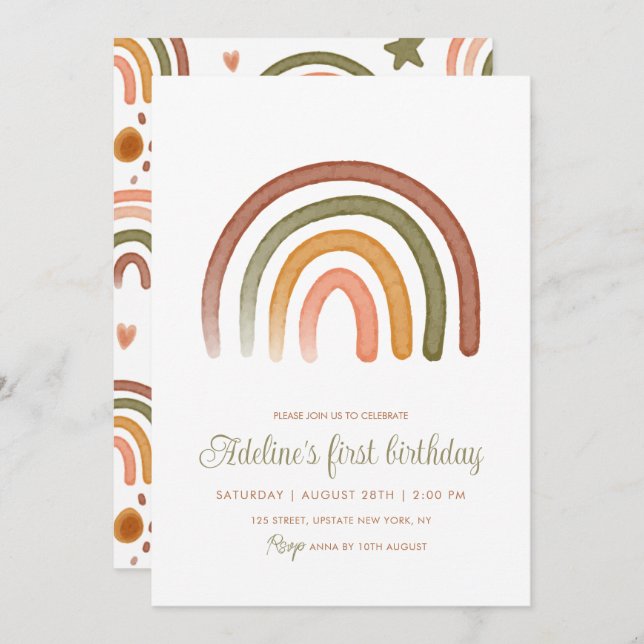 Earthy Tone Watercolor Rainbow Boho Birthday Einladung (Vorne/Hinten)