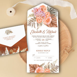 Earthy Tones Burnt Orange Floral Boho Palm Wedding All In One Einladung