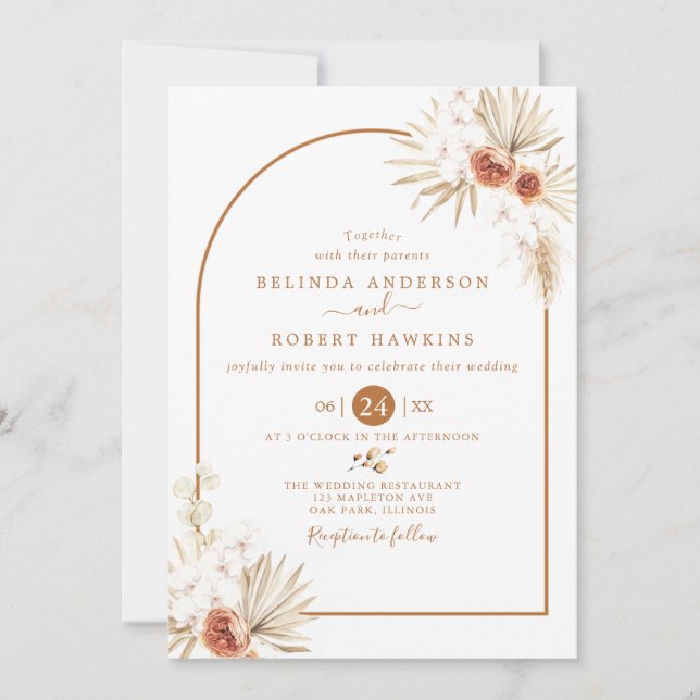  Earthy Tones Rose Boho Pampas Grass Wedding Invit Einladung (Vorderseite)