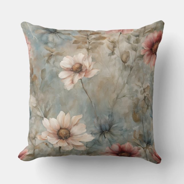 Earthy Warm Blue Floral Print Kissen (Vorderseite)