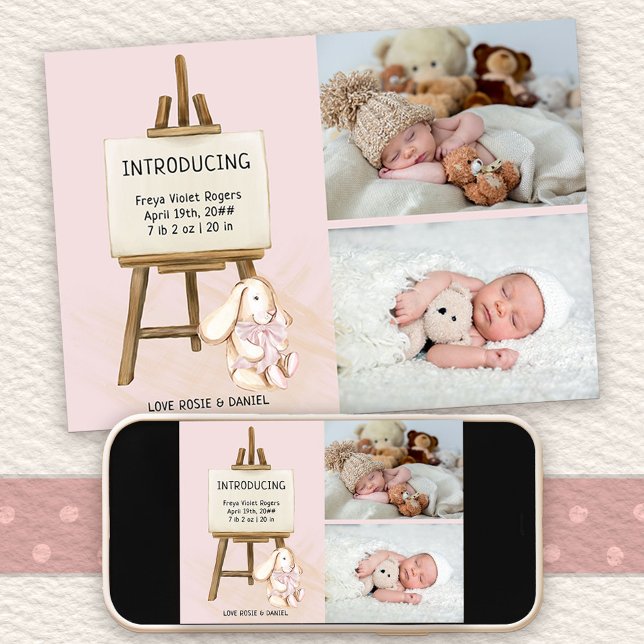 Easel & Bunny 2 Foto Baby Girl Birth Ankündigung (Photo Birth Announcement with cute bunny design. Buy printed or as printable digital download)