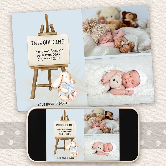 Easel und Bunny 2 Foto Baby Boy Birth Ankündigung (Photo Birth Announcement with cute bunny design. Buy printed or as printable digital download)