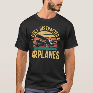 Easily Distracted By Airplanes Retro Vintage Pilot T-Shirt