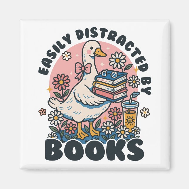 Easily Distracted by Books Cute Goose Bookworm Magnet (Vorne)