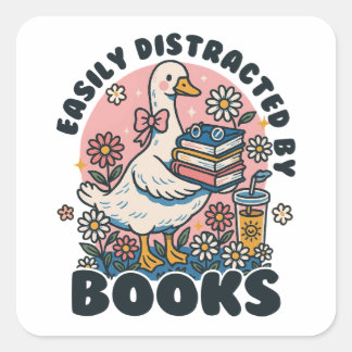 Easily Distracted by Books Cute Goose Bookworm Quadratischer Aufkleber
