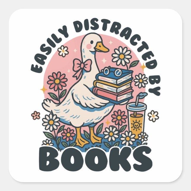 Easily Distracted by Books Cute Goose Bookworm Quadratischer Aufkleber (Vorderseite)