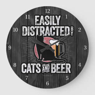 Easily Distracted by Cats and Beer Large Clock Große Wanduhr