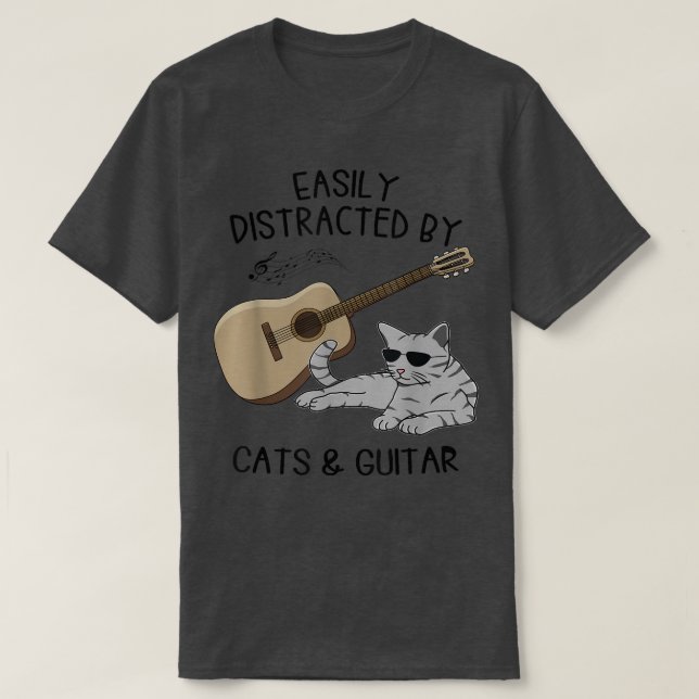 Easily Distracted By Cats And Guitar, Guitar Music T-Shirt (Design vorne)