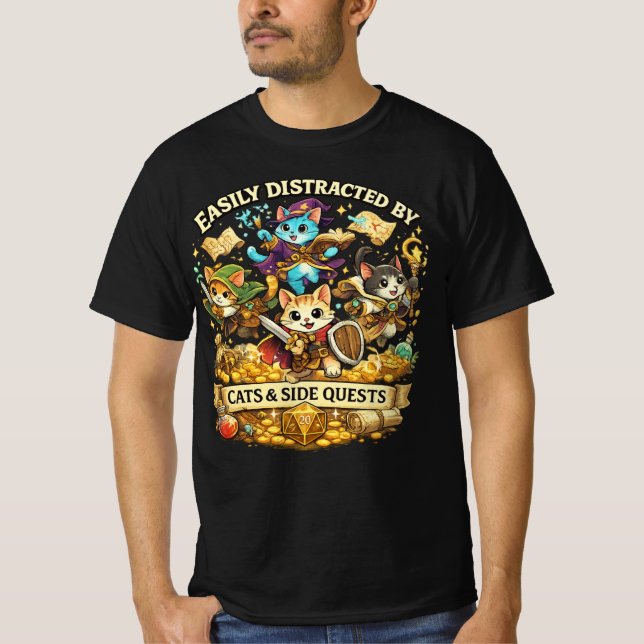 Easily Distracted by Cats & Side Quests Funny RPG  T-Shirt (Vorderseite)