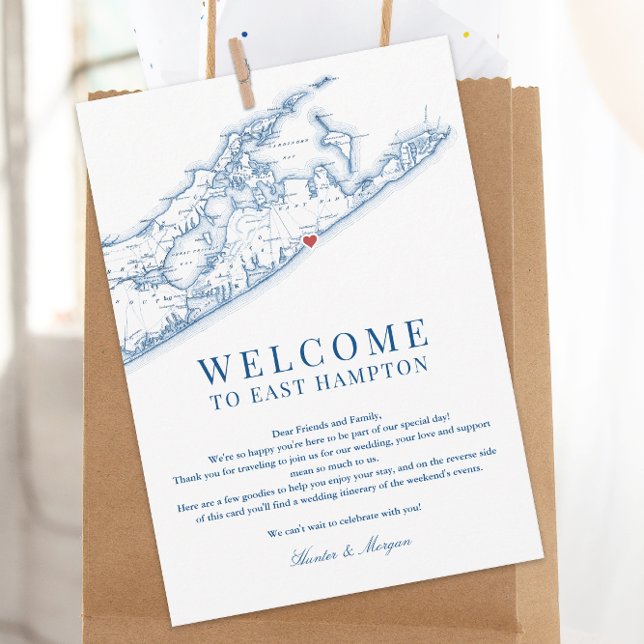 East Hampton Map Wedding Welcome Letter Navy Blue Dankeskarte (East Hamtpon NY Map Wedding Welcome letter and weekend events itinerary in elegant navy blue)