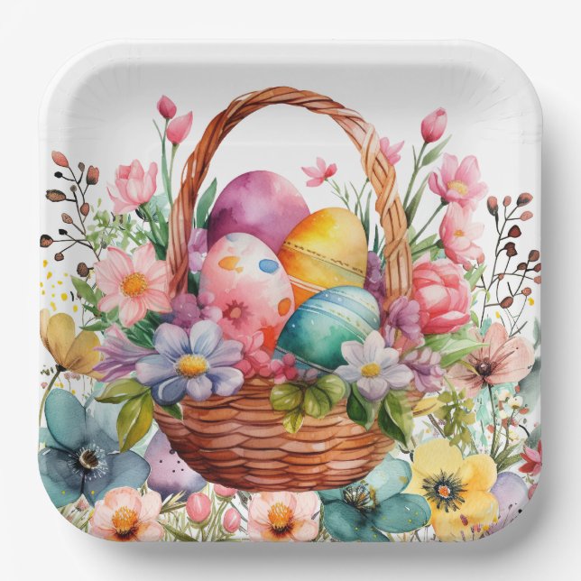 Easter Basket Eggs & Spring Flowers Pappteller (Vorderseite)