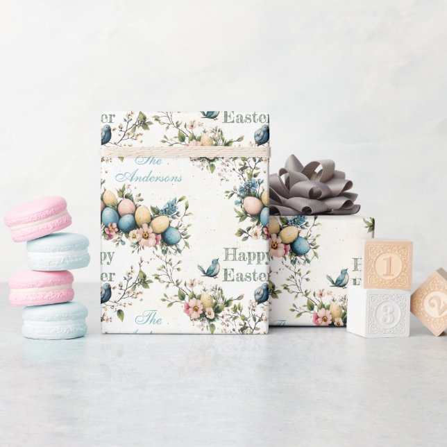 Easter Birds & Pastel Eggs Watercolor Floral Geschenkpapier (Babyparty)