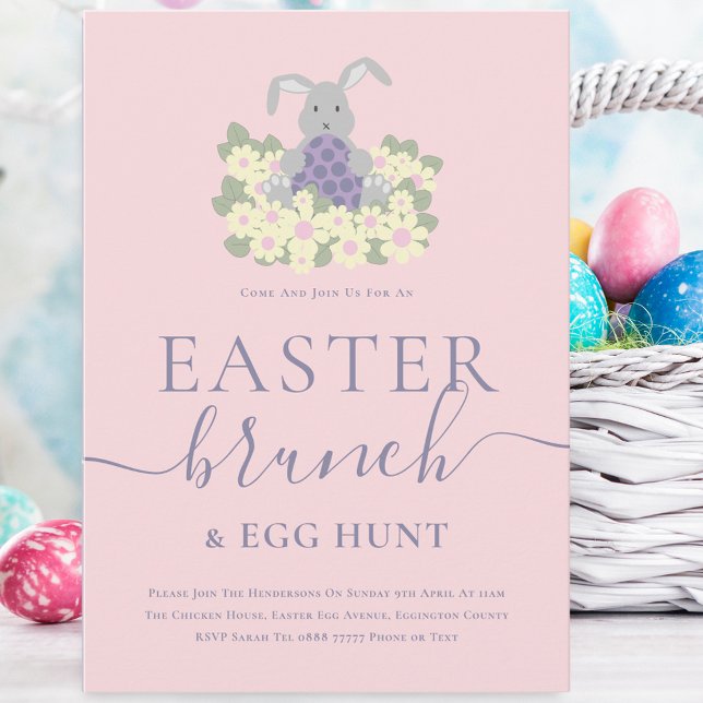 Easter Brunch and Egg Hunt Cute Bunny Pink Einladung (Cute easter bunny egg hunt and brunch spring party pink invitation whimsical elegant modern script)