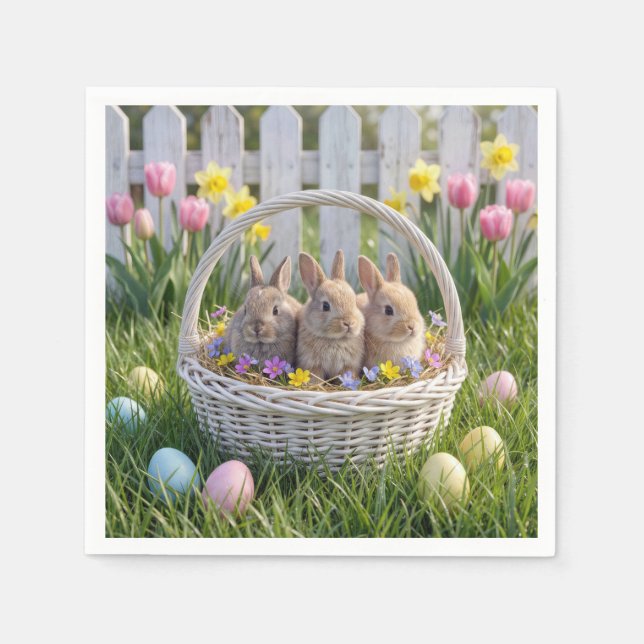 Easter Bunnies In a Wicker Basket on Grass Serviette (Vorderseite)