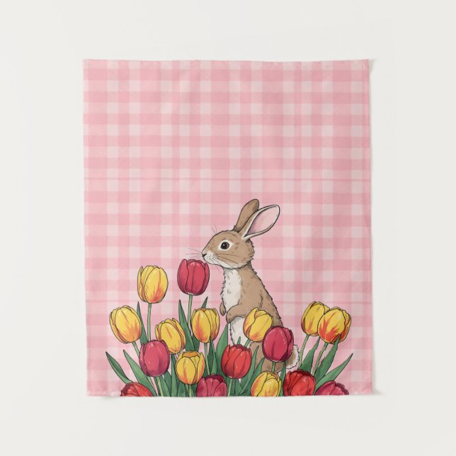 Easter Bunny and Tulips Tapestry - Rustic Home  Wandteppich (Vorderseite)