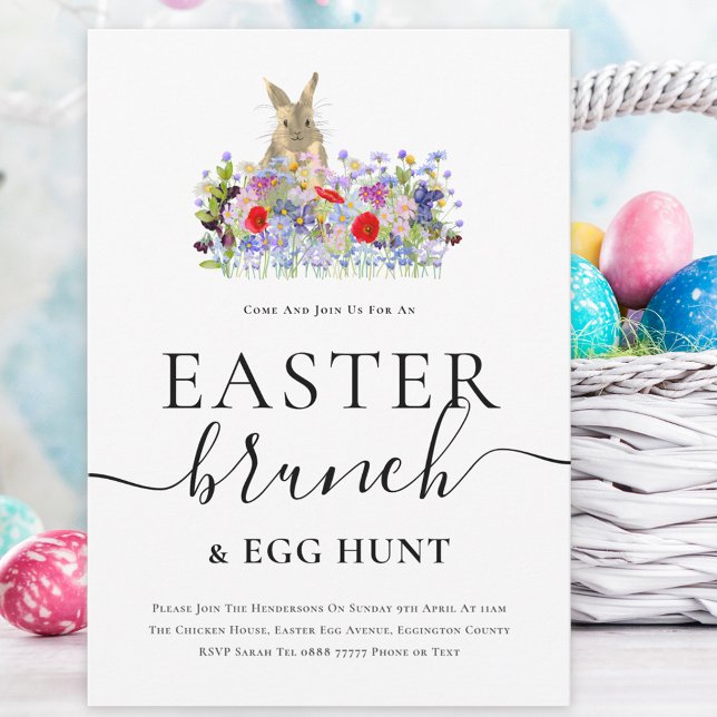 Easter Bunny and Wildflowers Egg Hunt and Brunch Einladung (Easter brunch and egg hunt spring party invitation Cute bunny and watercolor wildflowers )