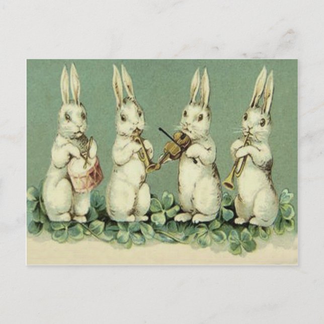 Easter Bunny Band Drum Trumpet Violin Shamrock Feiertagspostkarte (Vorderseite)