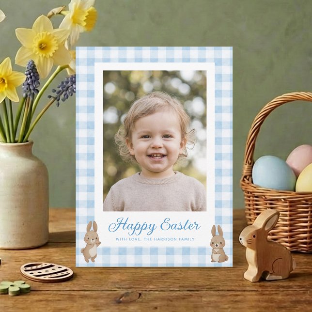 Easter Bunny Blue Gingham Photo Feiertagskarte (Von Creator hochgeladen)