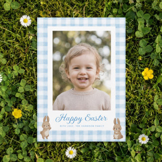 Easter Bunny Blue Gingham Photo Feiertagskarte