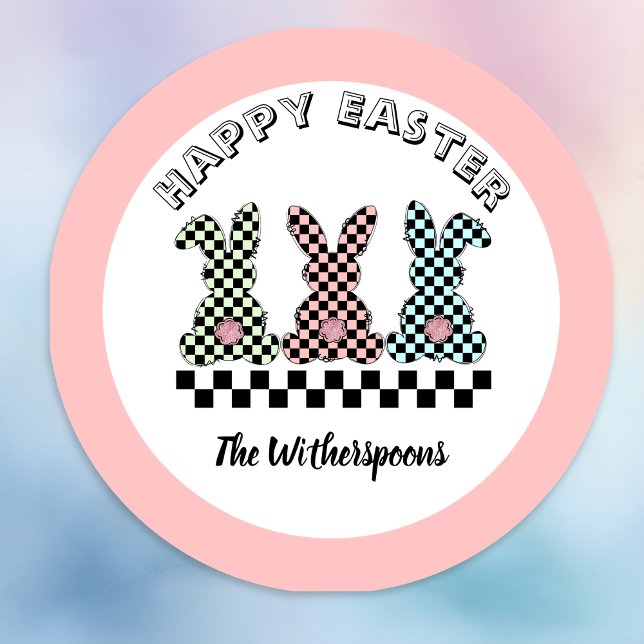 Easter Bunny Checkerboard Pink Green Teal Monogram Runder Aufkleber (Von Creator hochgeladen)