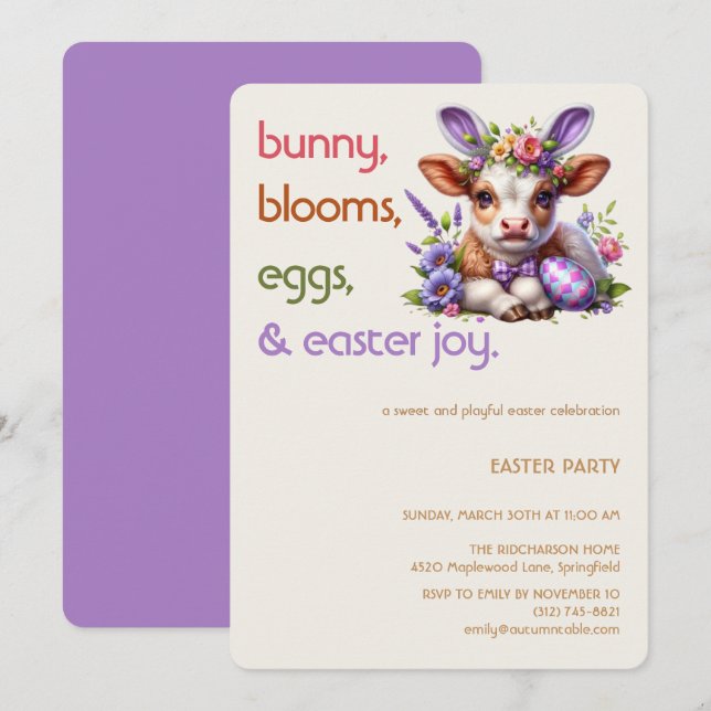 Easter Bunny Cow Invitation | Kid easter party Einladung (Vorne/Hinten)