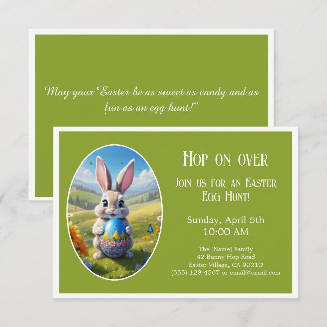 Easter bunny | Egg Hunt  | Hop on over | green -  Einladung (Vorne/Hinten)
