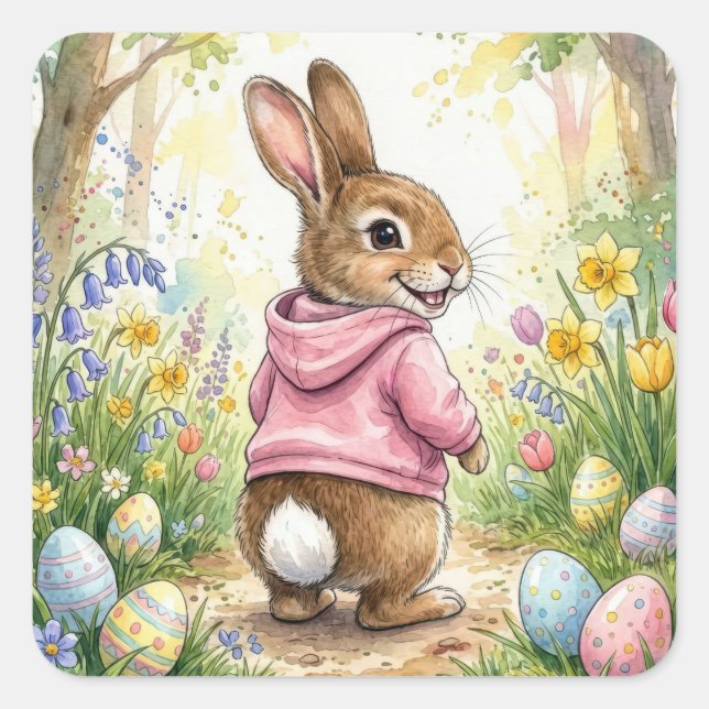 Easter Bunny in a Spring Garden Quadratischer Aufkleber (Vorderseite)