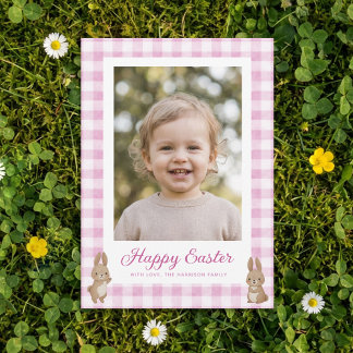 Easter Bunny Pink Gingham Photo Feiertagskarte