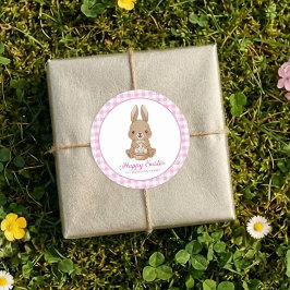 Easter Bunny Pink Watercolor Gingham Runder Aufkleber