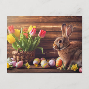 Easter bunny seated beside colorful eggs and tulip postkarte