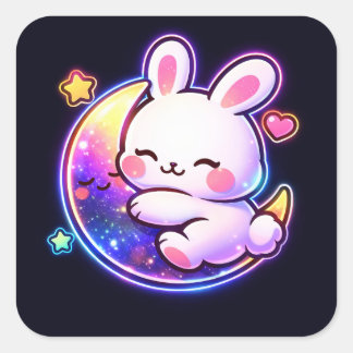 Easter Bunny Sleeping on Galaxy Moon Neon Sticker