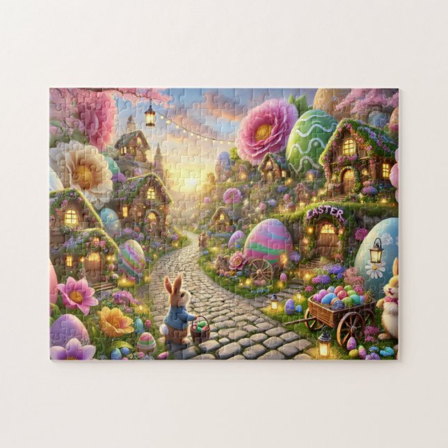 Easter Bunny Village Whimsical Spring Scene Puzzle (Horizontal)