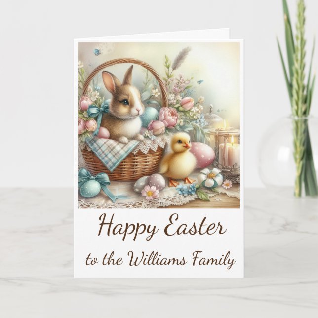 Easter Card with Eggs, Bunny, Basket & Chick Dankeskarte (Vorderseite)