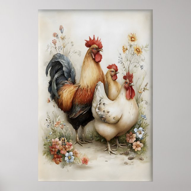 Easter Chicken Rooster Flowers Printable, Vintage Poster (Vorne)