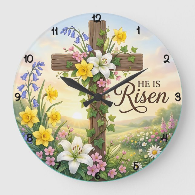 Easter Cross He Is Risen Große Wanduhr (Vorderseite)