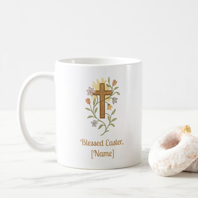 Easter Cross with Flowers, Faith Mug, Customizable Kaffeetasse (Mit Donut)