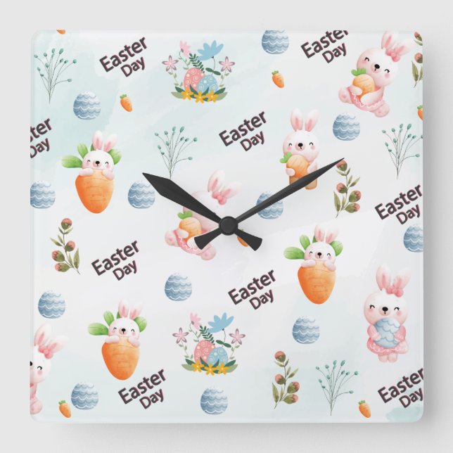Easter Day Rabbits Pattern Quadratische Wanduhr (Vorderseite)