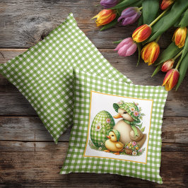 Easter Ducks Easter Egg & Flowers on Green Gingham Kissen