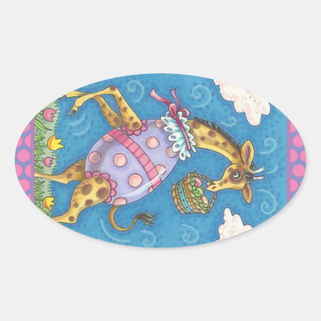 EASTER EGG GIRAFFE & TULIPS, FRÜHSTÜCK Niedlich Ovaler Aufkleber (Vorderseite)