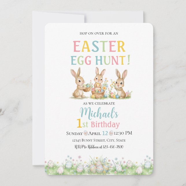 Easter Egg Hunt Michael's 1st Birthday Invitation Einladung (Vorderseite)