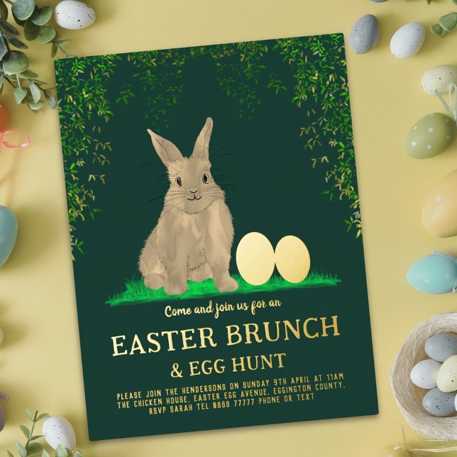 Easter Egg Hunt Spring Brunch Cute Bunny Eggs Gold Folieneinladung (Easter egg hunt spring brunch cute bunny watercolor golden eggs green and gold foil party invitation)