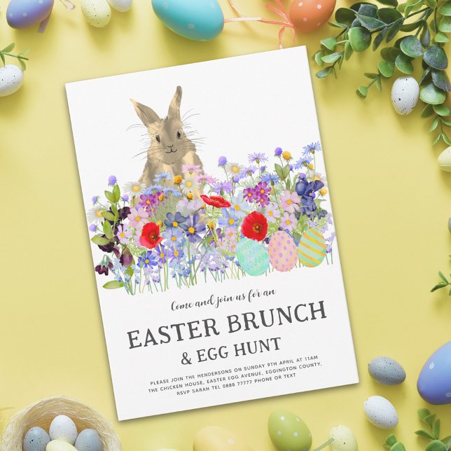 Easter Egg Hunt Spring Brunch Cute Bunny Floral Einladung (Easter egg hunt spring brunch watercolor wildflower meadow cute bunny and eggs invitation)