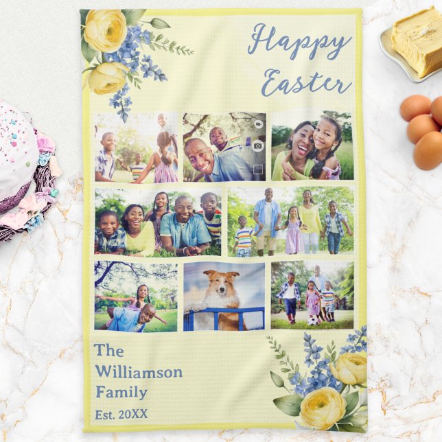 Easter Family Photo Collage Spring Flowers Yellow Geschirrtuch (A pretty yellow Easter kitchen towel with multi photo collage, custom family name and Spring flowers)